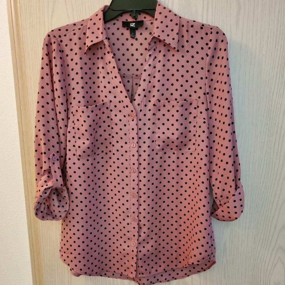 Iz Byer Pink Blouse Black Polka Dots Medium 3/4 Sleeves